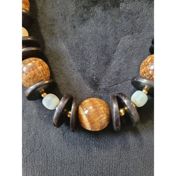 Women's Brown Wood Beaded Necklace Lobster Clasp Natural Boho Statement - Picture 2 of 5